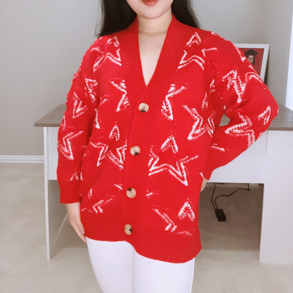 Women winter autumn v neck star knit sweater cardigan jacket pullover plus size